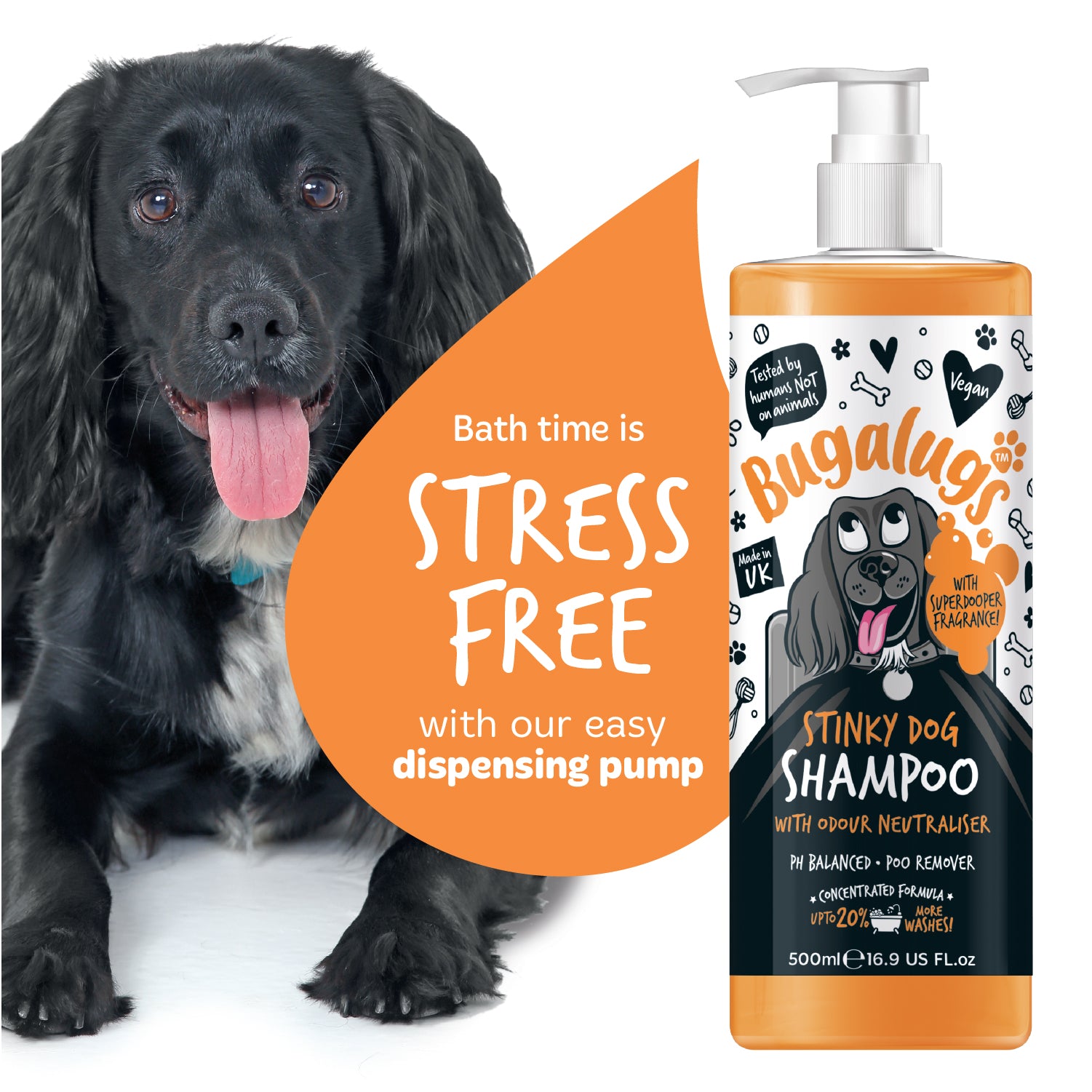 Bugalugs Stinky Dog Shampoo with Odour Neutraliser - Stress-free with our easy dispensing pump