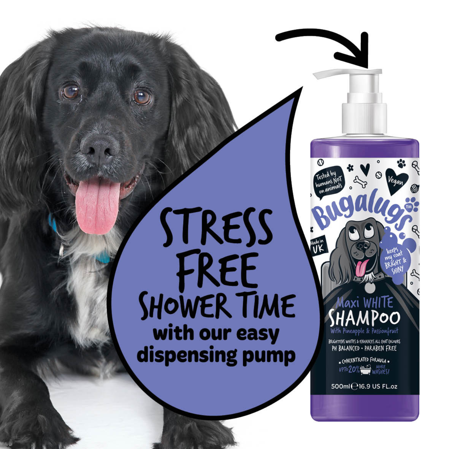 Bugalugs Maxi White Shampoo with Pineapple and Passionfruit - Stress-free, easy to use pump