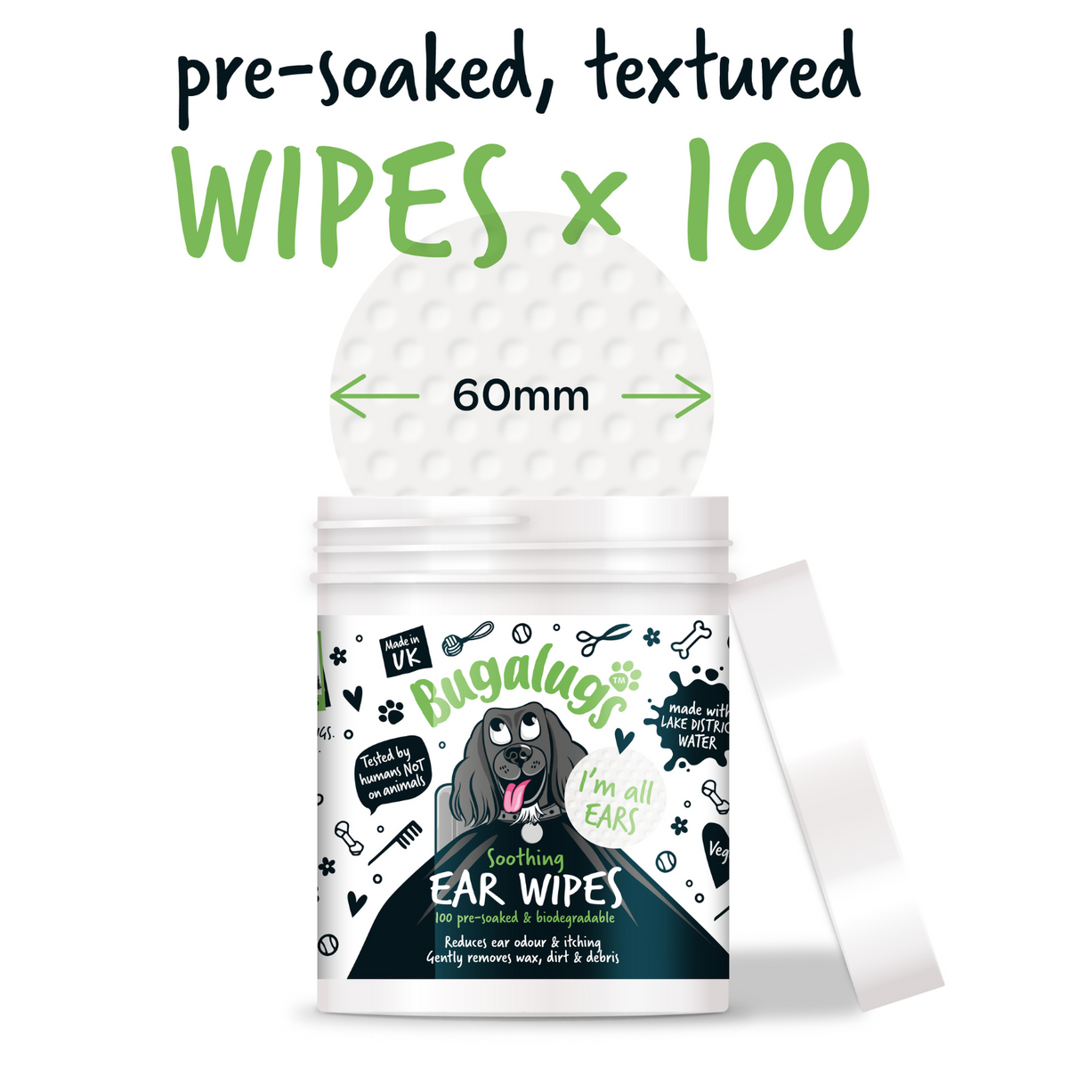 Bugalugs Soothing Ear Wipes - Pre-soaked, textured ear wipes for dogs 60mm
