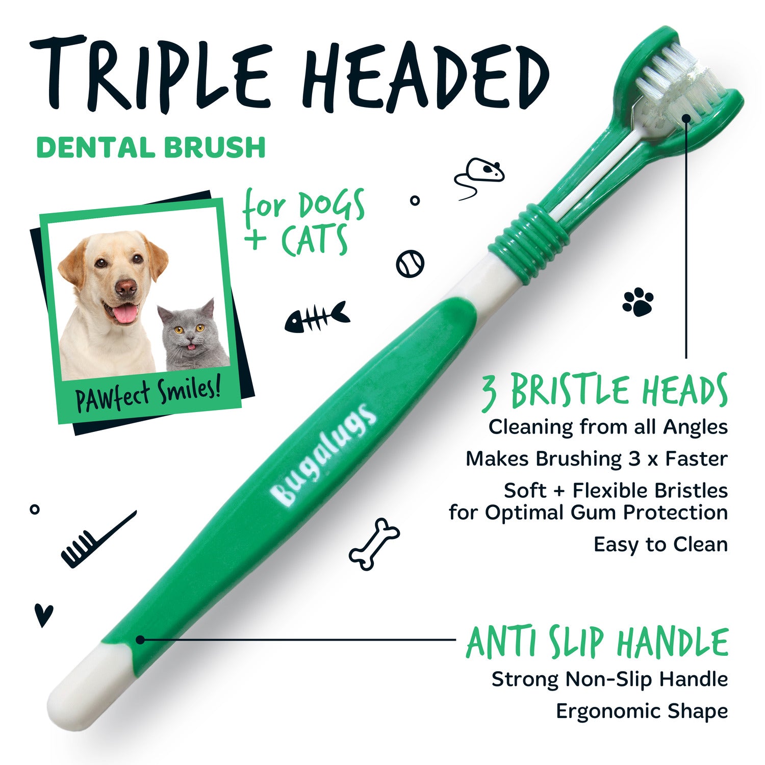 Pack of 2 Triple Headed Dental Care Toothbrushes for Dogs & Cats