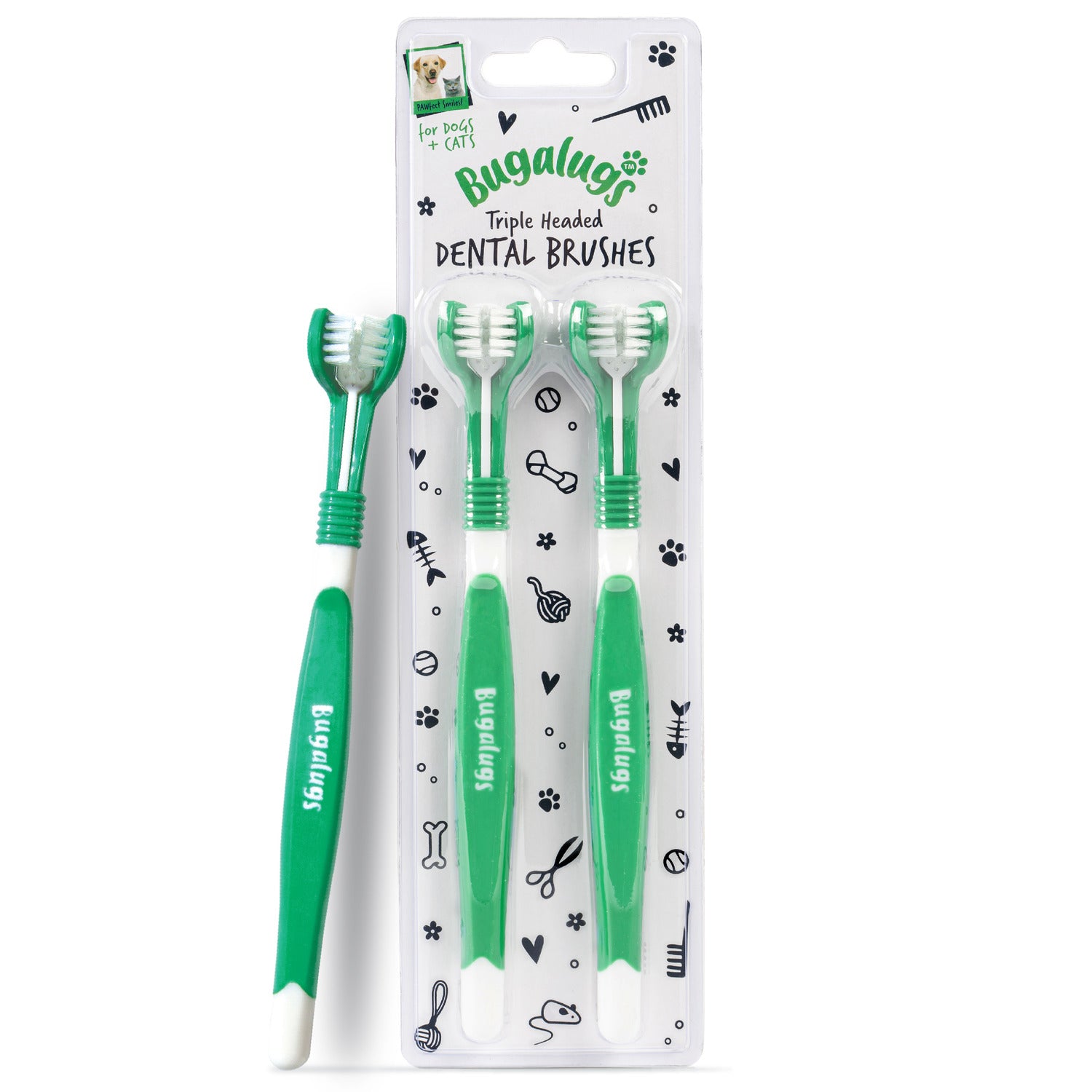 Pack of 2 Triple Headed Dental Care Toothbrushes for Dogs & Cats