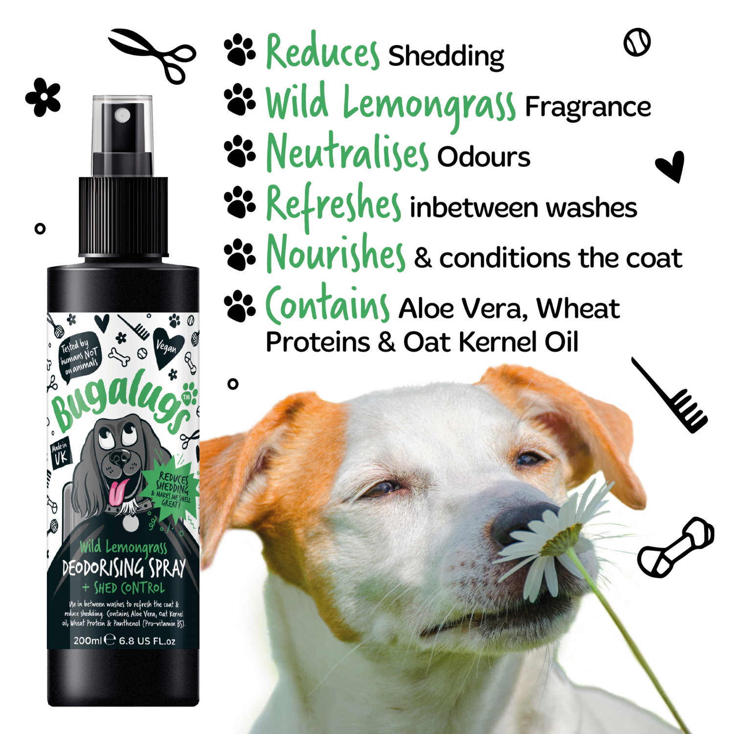 Bugalugs Wild Lemongrass Deodorising Spray with Shed Control for Dogs - Key benefits