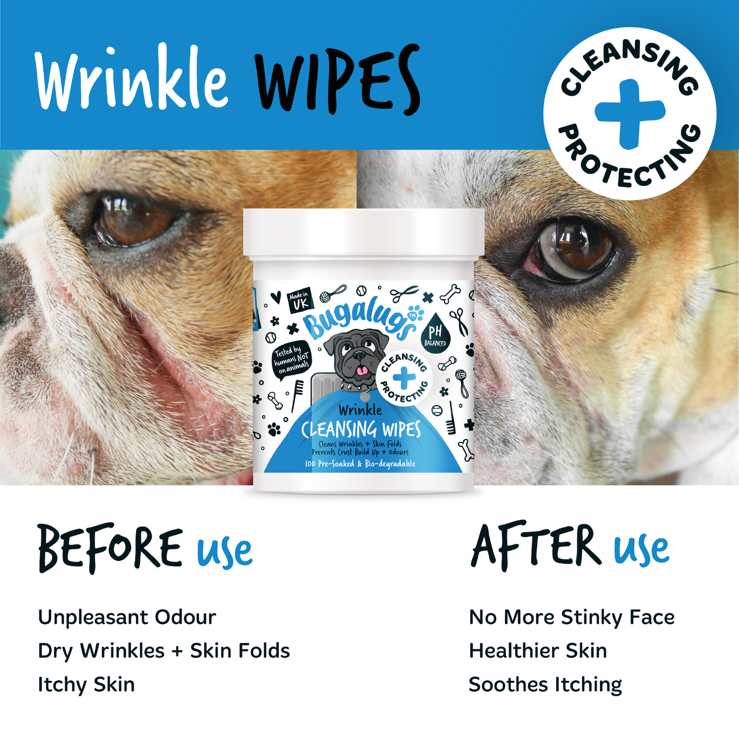 Bugalugs Wrinkle Cleansing Wipes - Before and after use