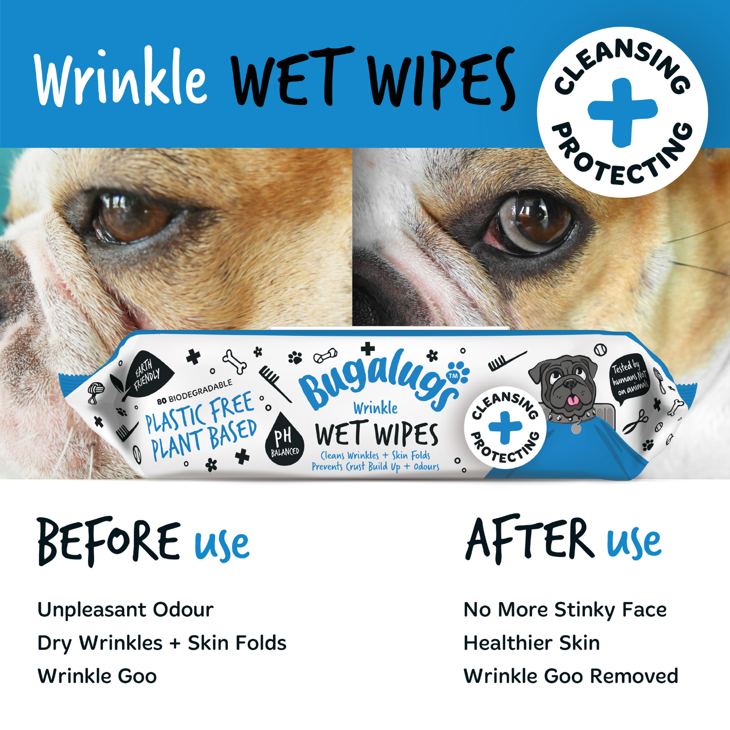 Bugalugs Wrinkle Wet Wipes for Dogs and Cats - Before and after use