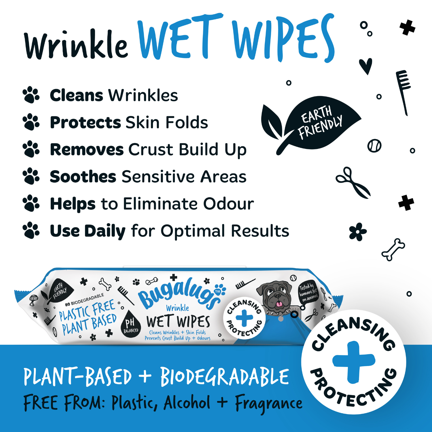 Bugalugs Wrinkle Wet Wipes for Dogs and Cats - Plant-based, biodegradable, free from plastic, alcohol and fragrance