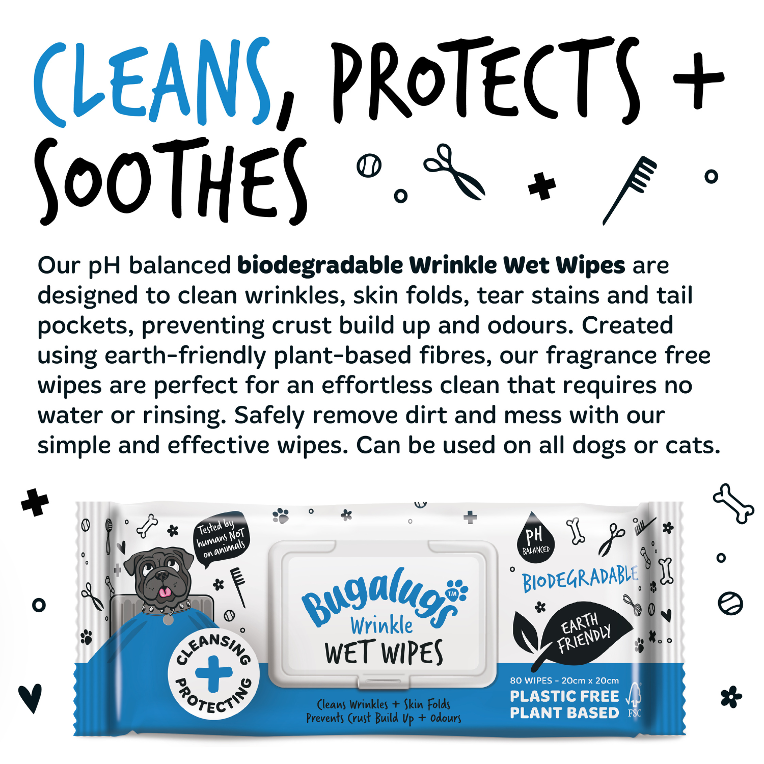 Bugalugs Wrinkle Wet Wipes for Dogs and Cats - Cleans, protects and soothes
