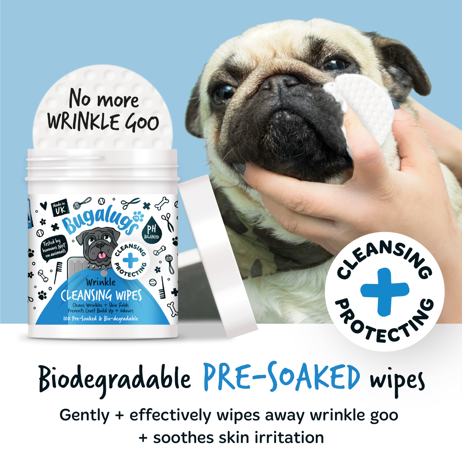 Bugalugs Wrinkle Cleansing Wipes 100 Pre soaked Biodegradable Wipes Bugalugs Pet Care