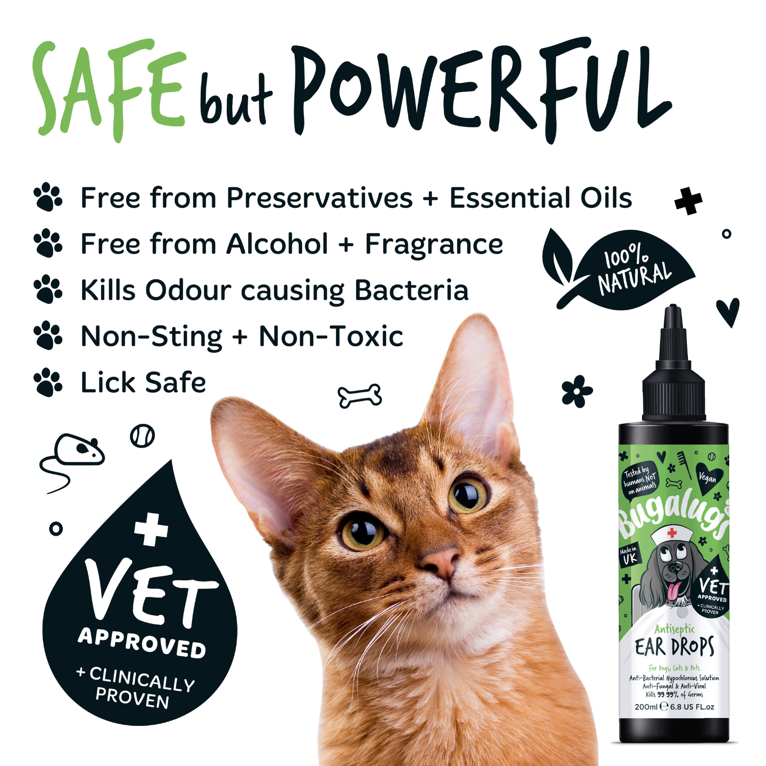 Bugalugs Antiseptic Ear Drops for Dogs, Cats and Pets - Safe but powerful