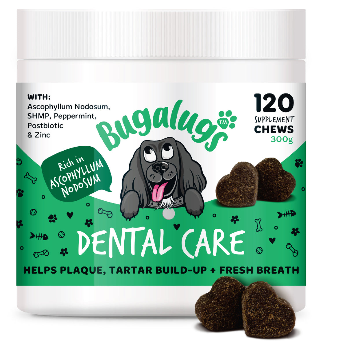Bugalugs Dental Care  120 chews for dogs, formulated to help manage plaque and tartar build-up and support fresh breath, with Ascophyllum nodosum, peppermint and zinc.