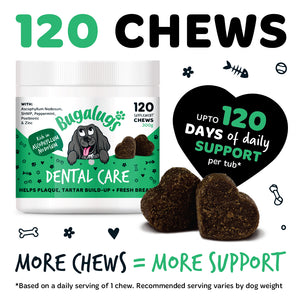 Bugalugs Dental Care chews for dogs providing up to 120 days of daily dental support, based on one chew per day. Recommended serving varies by dog weight.
