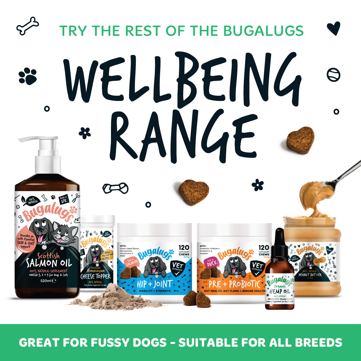 Explore the Bugalugs dog wellbeing range alongside dental chews, including salmon oil, hip and joint chews, pre and probiotic chews, and food toppers for fussy dogs.