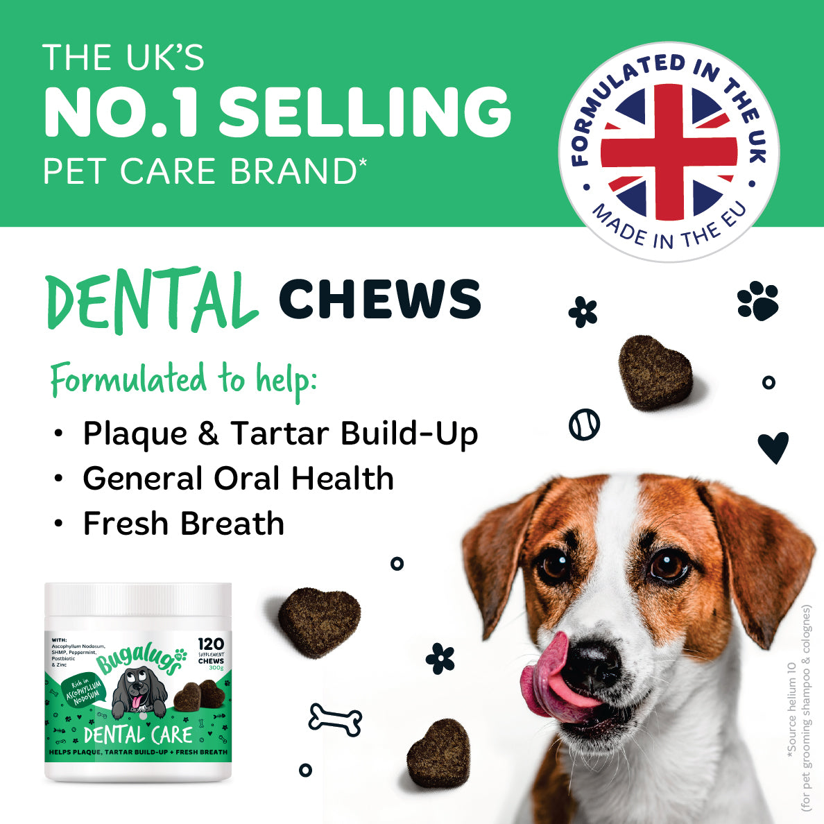 Bugalugs dental chews for dogs, formulated in the UK and made in the EU to support general oral health, fresh breath and everyday plaque and tartar management.