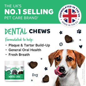 Bugalugs dental chews for dogs, formulated in the UK and made in the EU to support general oral health, fresh breath and everyday plaque and tartar management.
