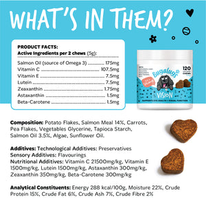 Bugalugs Vision chews ingredient and nutrition chart listing salmon oil, vitamins C and E, lutein, zeaxanthin, astaxanthin and beta-carotene per two chews, plus composition, additives and analytical constituents.