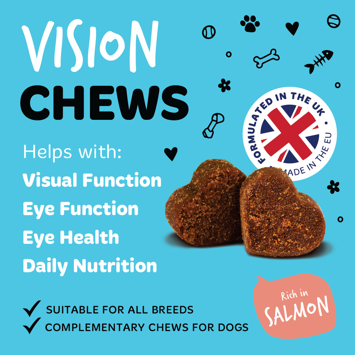 Bugalugs Vision salmon chews supporting visual function, eye function, eye health and daily nutrition. Suitable for all dog breeds, formulated in the UK and made in the EU.