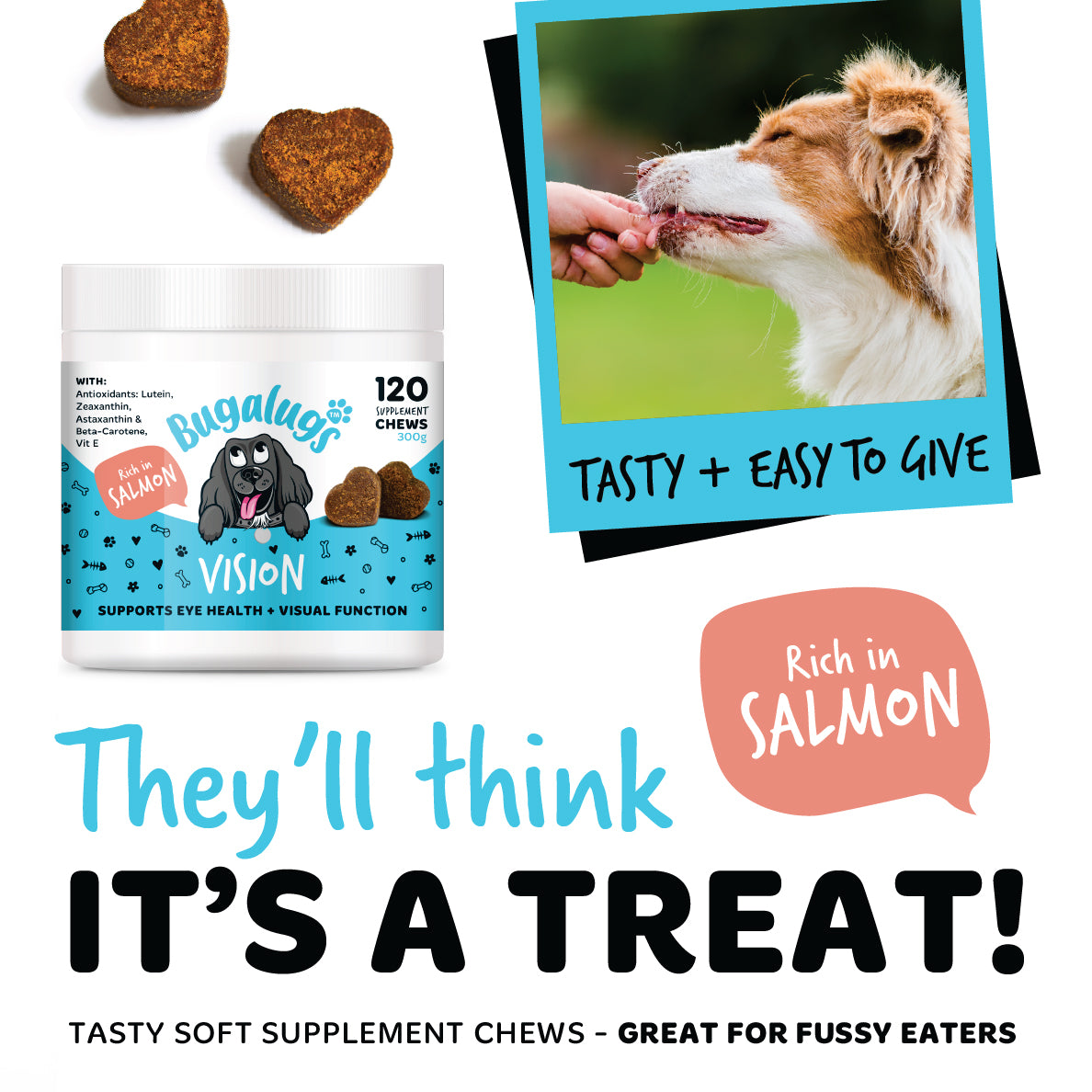 Bugalugs Vision soft salmon supplement chews, tasty and easy to give, shown being hand-fed to a dog. Great for fussy eaters—they’ll think it’s a treat.