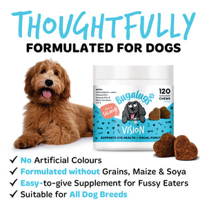 Bugalugs Vision salmon chews, thoughtfully formulated for dogs without artificial colours, grains, maize or soya. Easy to give to fussy eaters and suitable for all dog breeds, pictured beside a fluffy brown dog.