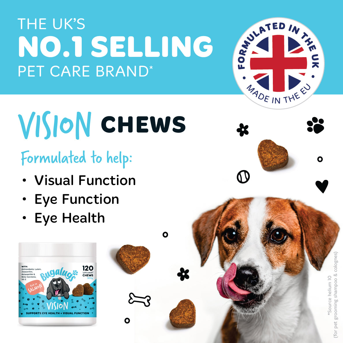 Bugalugs Vision chews supporting visual function, eye function and eye health, shown with a dog licking its nose. The graphic highlights the UK’s No.1 selling pet care brand, formulated in the UK and made in the EU.