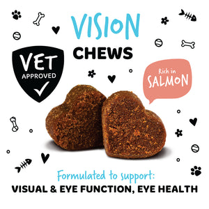 Bugalugs Vision heart-shaped chews, rich in salmon and vet approved, formulated to support dogs’ visual and eye function and eye health.