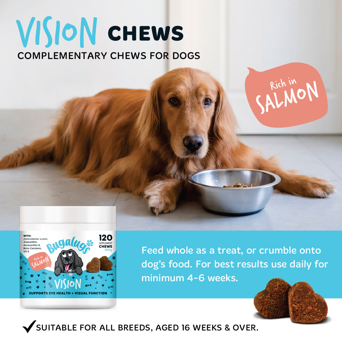Bugalugs Vision salmon dog chews, suitable for all breeds aged 16 weeks and over, shown with a dog beside its food bowl.