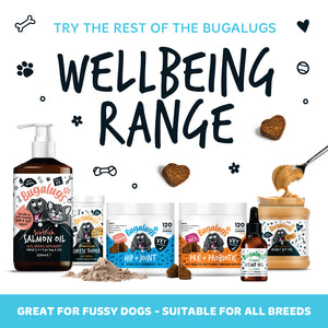 Explore the Bugalugs wellbeing range: Scottish salmon oil, Himalayan cheese topper, Hip + Joint chews, Pre + Probiotic chews, organic hemp oil and peanut butter. Great for fussy dogs and suitable for all breeds.