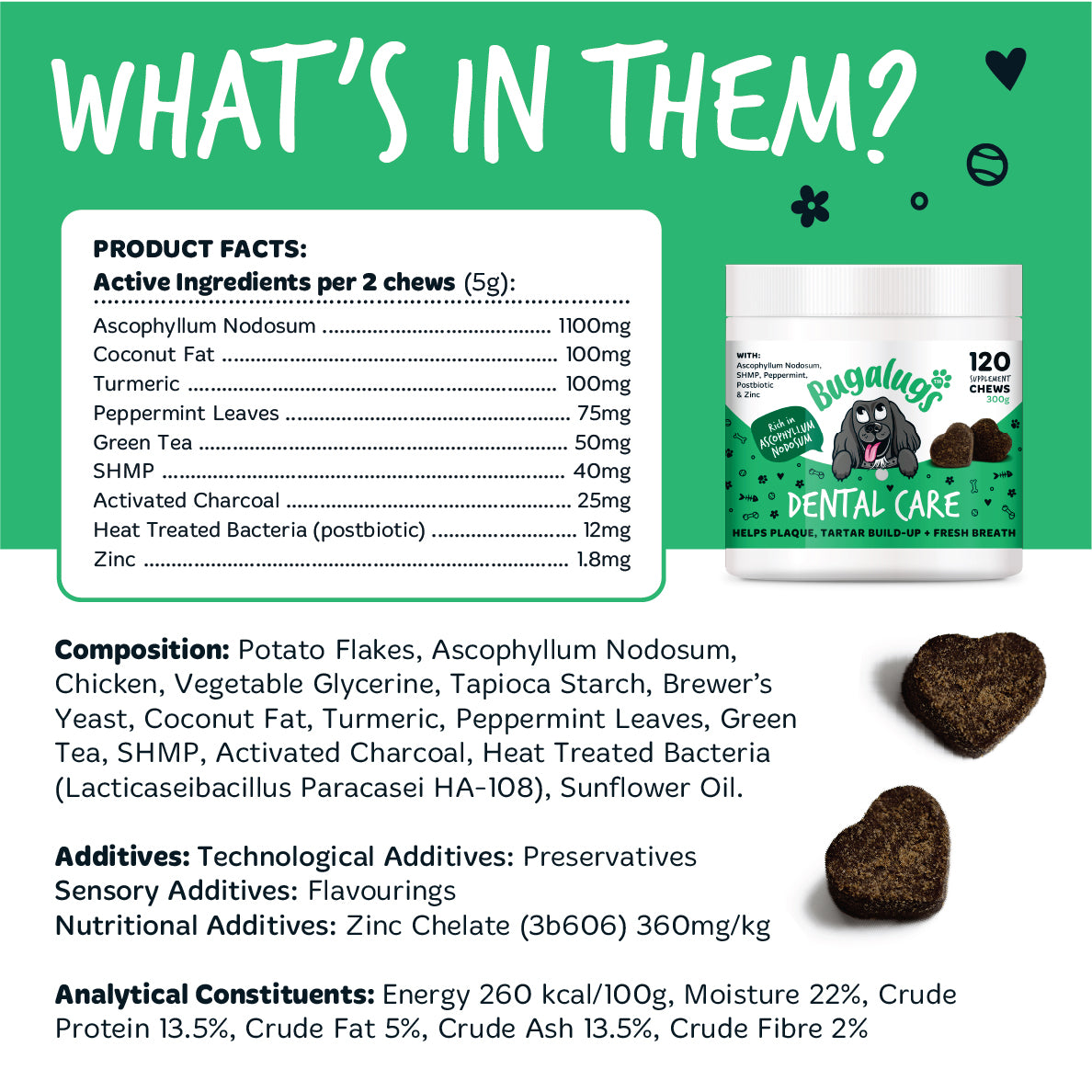 Bugalugs Dental Care chews ingredient information, including Ascophyllum nodosum, peppermint, green tea, SHMP, postbiotic and zinc, with composition and analytical constituents.