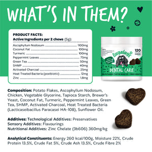 Bugalugs Dental Care chews ingredient information, including Ascophyllum nodosum, peppermint, green tea, SHMP, postbiotic and zinc, with composition and analytical constituents.
