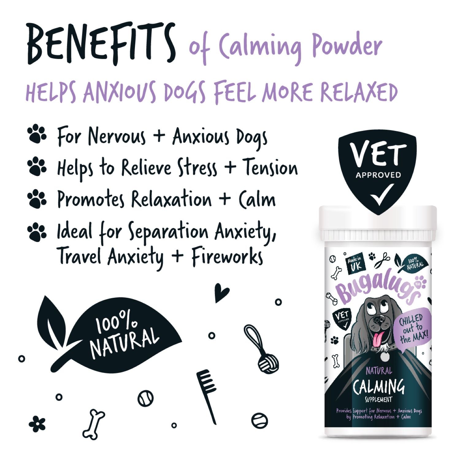 Bugalugs Natural Calming Supplement Powder for Dogs - Key benefits