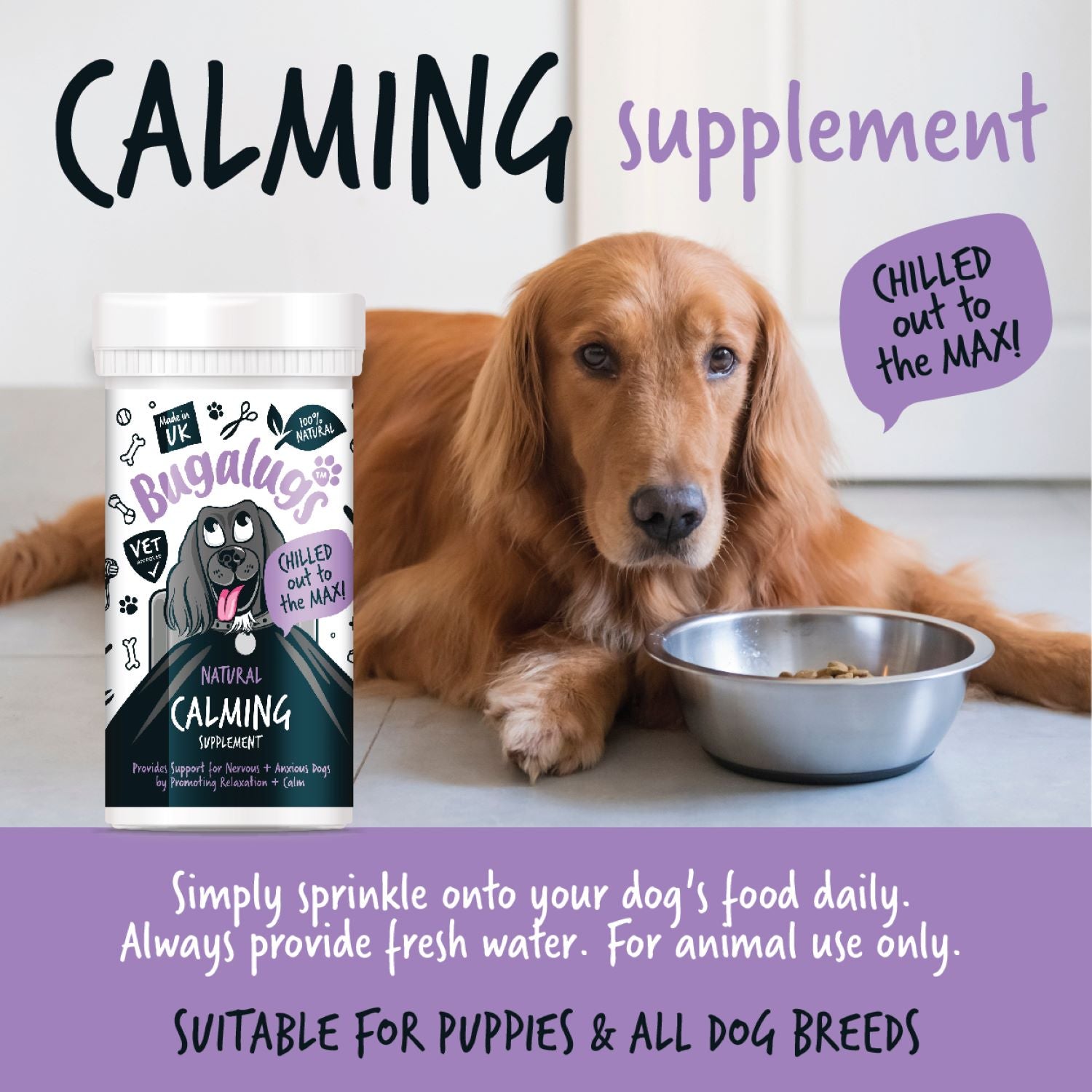 Bugalugs Natural Calming Supplement Powder for Dogs - Suitable for puppies and all dog breeds