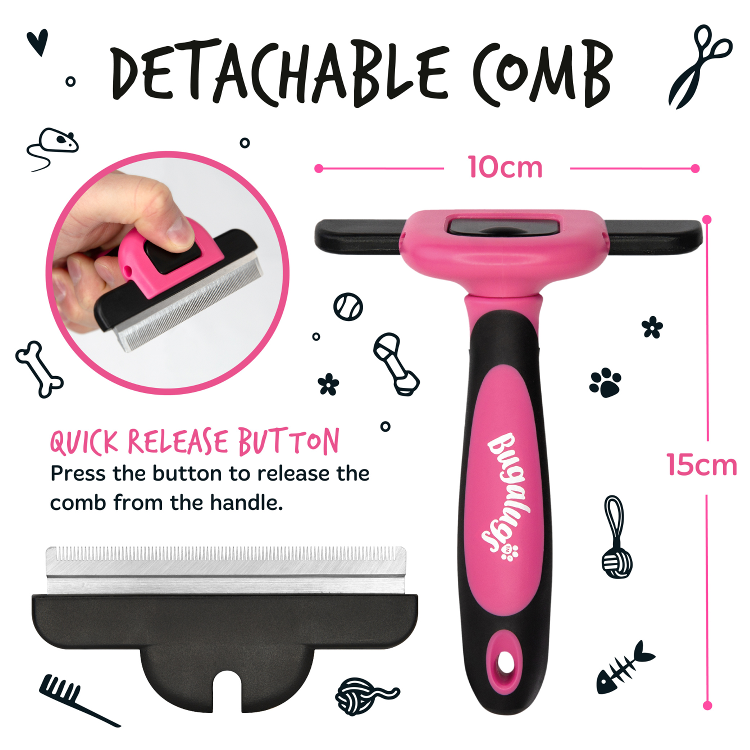 Bugalugs Deshedding Comb - Detachable comb and measurements