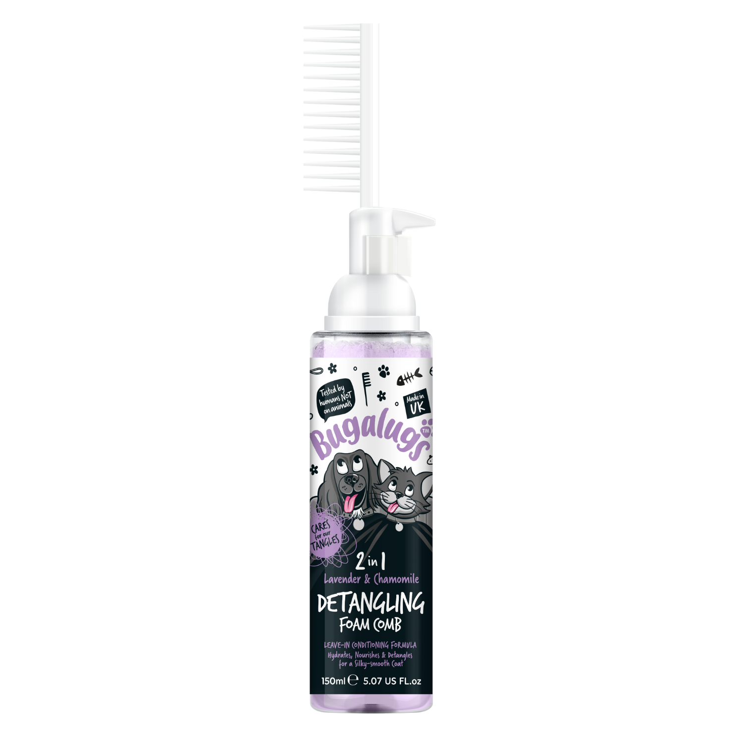 Bugalugs 2-in-1 Lavender and Chamomile Detangling Foam Comb with Leave-in Conditioner for Dogs and Cats