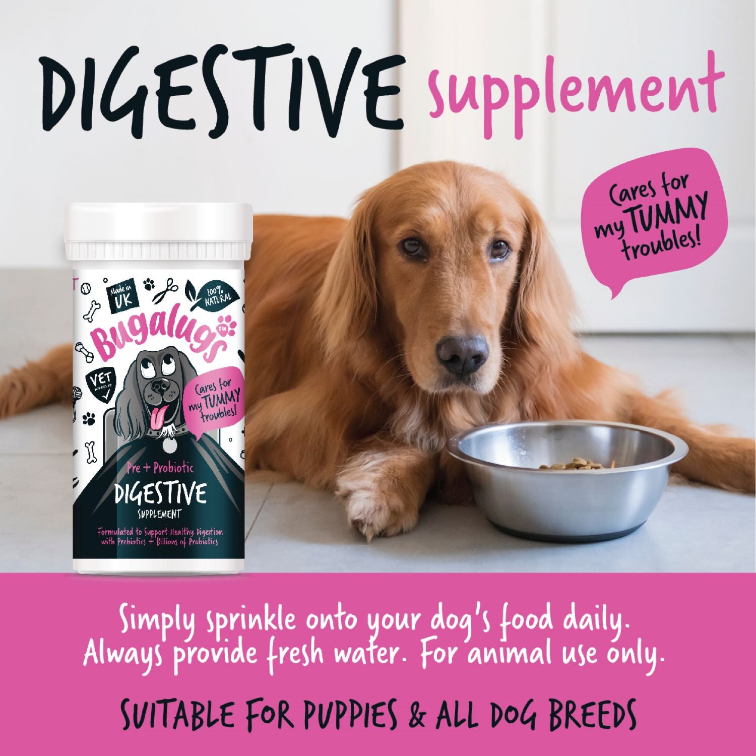 Bugalugs Pre and Probiotic Digestive Supplement for Dogs - Suitable for puppies and all dog breeds