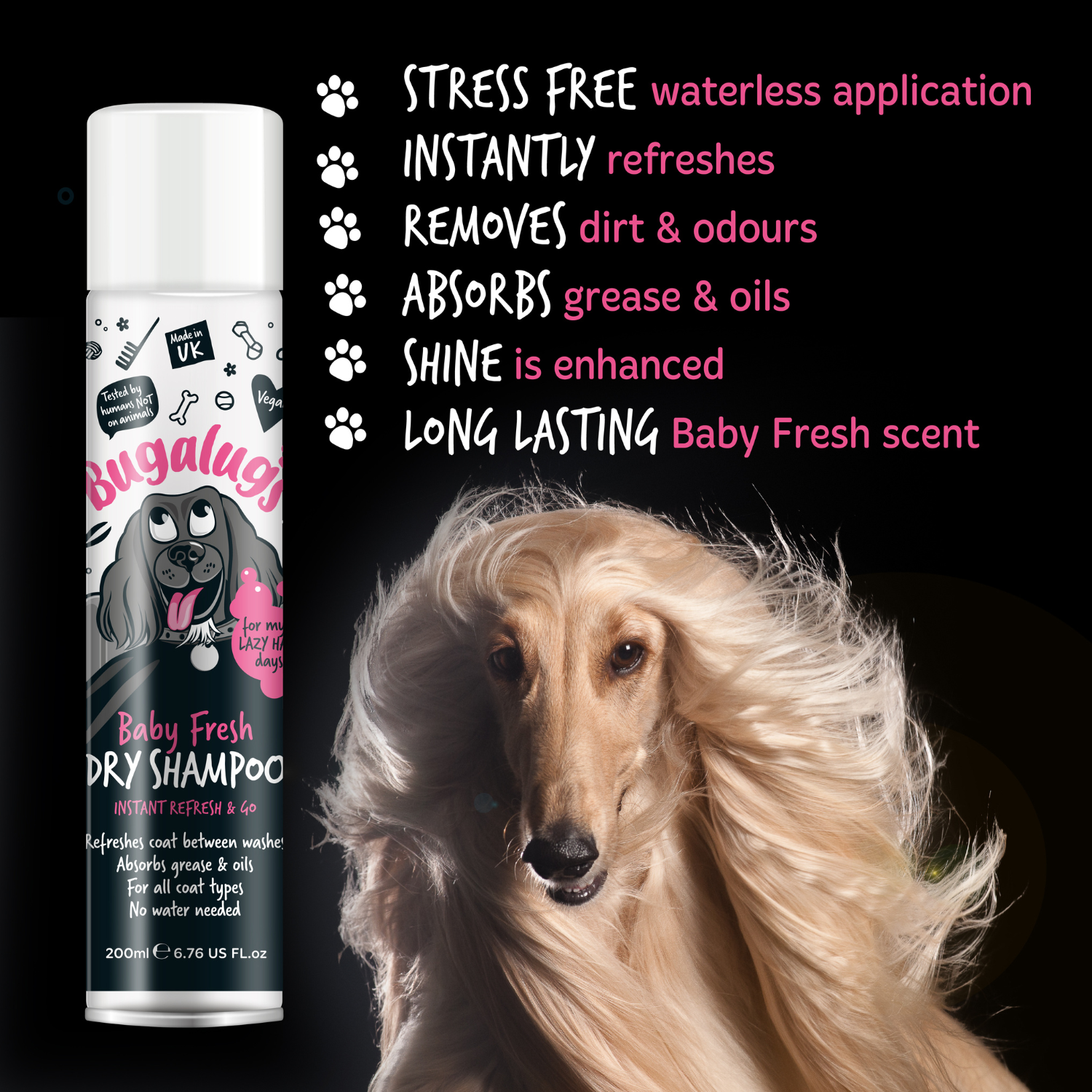 Bugalugs Baby Fresh Dry Shampoo for Dogs - Stress-free, Instantly refreshes, removes dirt, absorbs grease, shine, long-lasting scent