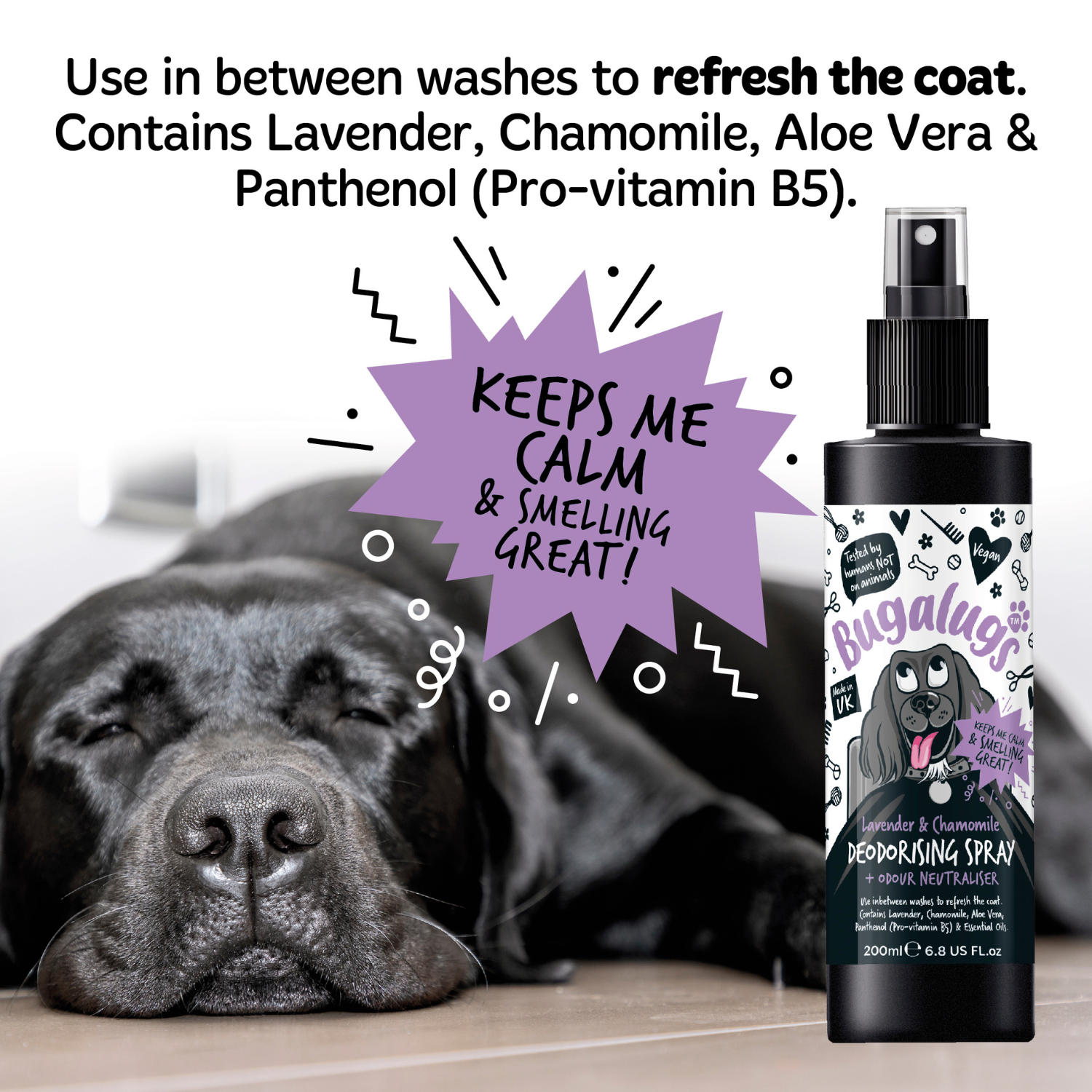 Bugalugs Lavender and Chamomile Deodorising Spray & Odour Neutraliser - use in between washed to refresh the coat