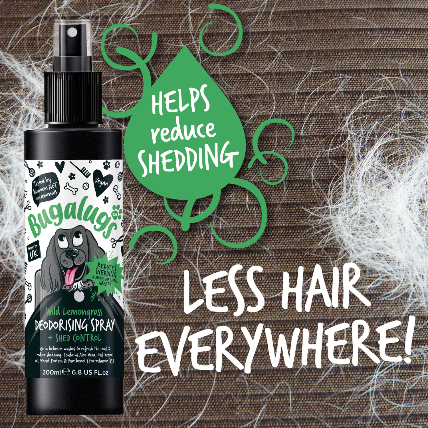 Bugalugs Wild Lemongrass Deodorising Spray with Shed Control for Dogs - Helps reduce shedding. Less hair everywhere.