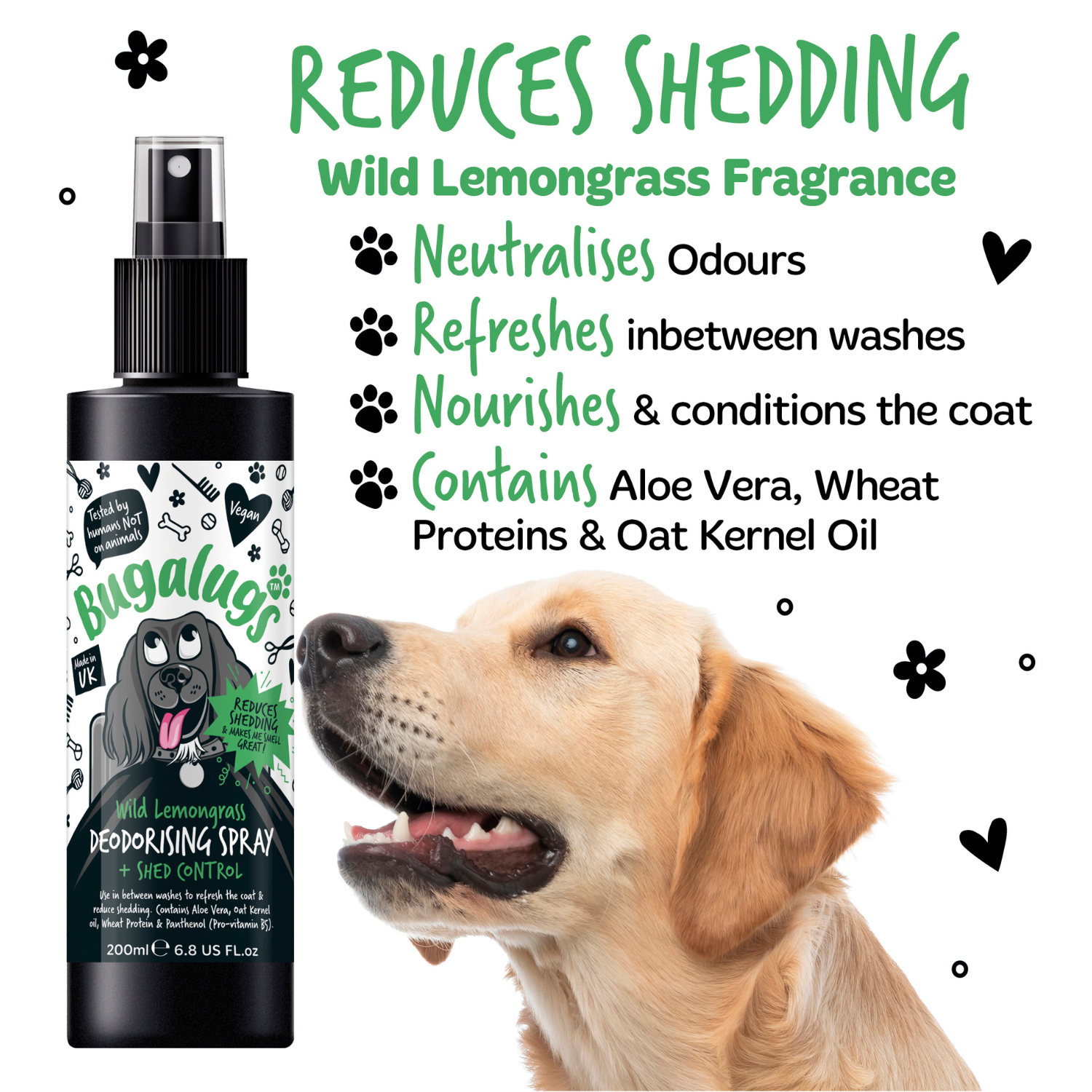 Bugalugs Wild Lemongrass Deodorising Spray with Shed Control for Dogs - Reduces shedding