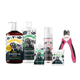 Collection of Bugalugs pet care products including bottles, a jar, and nail clippers on a white background.