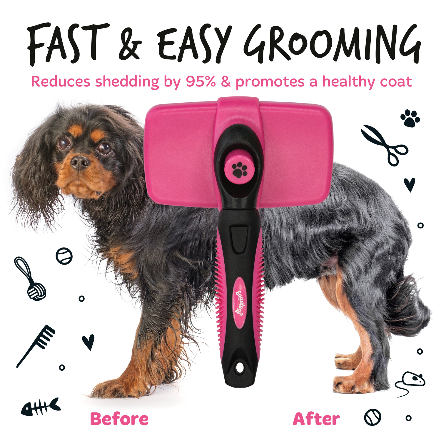 Bugalugs Slicker Brush for Dog and Cat Grooming - Fast and easy grooming - Before and after