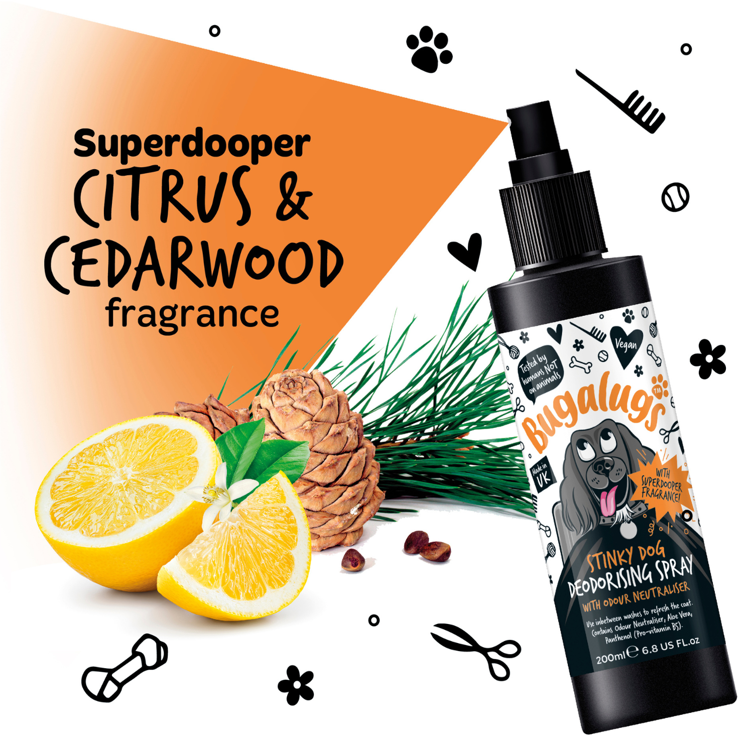 Bugalugs Stinky Dog Deodorising Spray with Odour Neutraliser - Superdooper citrus and cedarwood fragrance