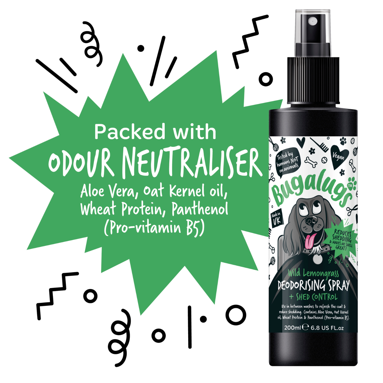 Bugalugs Wild Lemongrass Deodorising Spray with Shed Control for Dogs - Packed with odour neutraliser