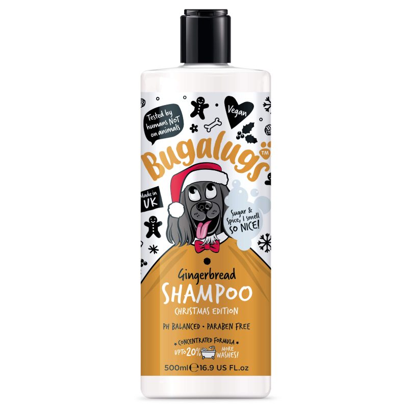 Bugalugs limited-edition Gingerbread Christmas Dog Shampoo. A festive bottle with a warm gingerbread scent, perfect for pampering your pet during the holiday season. Vegan, cruelty-free, and pH-balanced for a luxurious grooming experience.