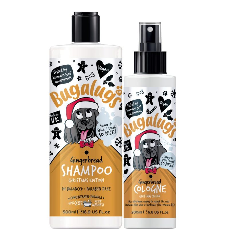 Indulge your pet in festive luxury with Bugalugs Gingerbread Christmas Edition Shampoo and Cologne Bundle. A beautifully presented duo featuring our limited-edition gingerbread-scented dog shampoo and cologne, ensuring your furry friend is holiday-ready. Vegan, cruelty-free, and crafted with care. Elevate your pet's grooming routine this season!