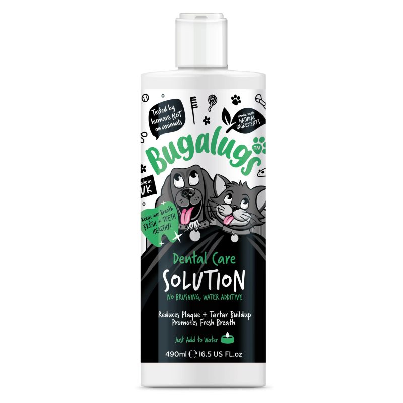 Product image of Bugalugs Dental Care Solution water additive for cats and dogs. Promotes oral health and fresh breath.